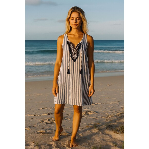 Antibes Blanc 100% Linen Dress Size XS Blue White Stripe Tassel Embroidered - Picture 1 of 10